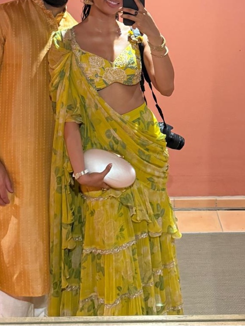 Paulme & Harsh Lime Yellow Floral Printed Chiffon Sari Set